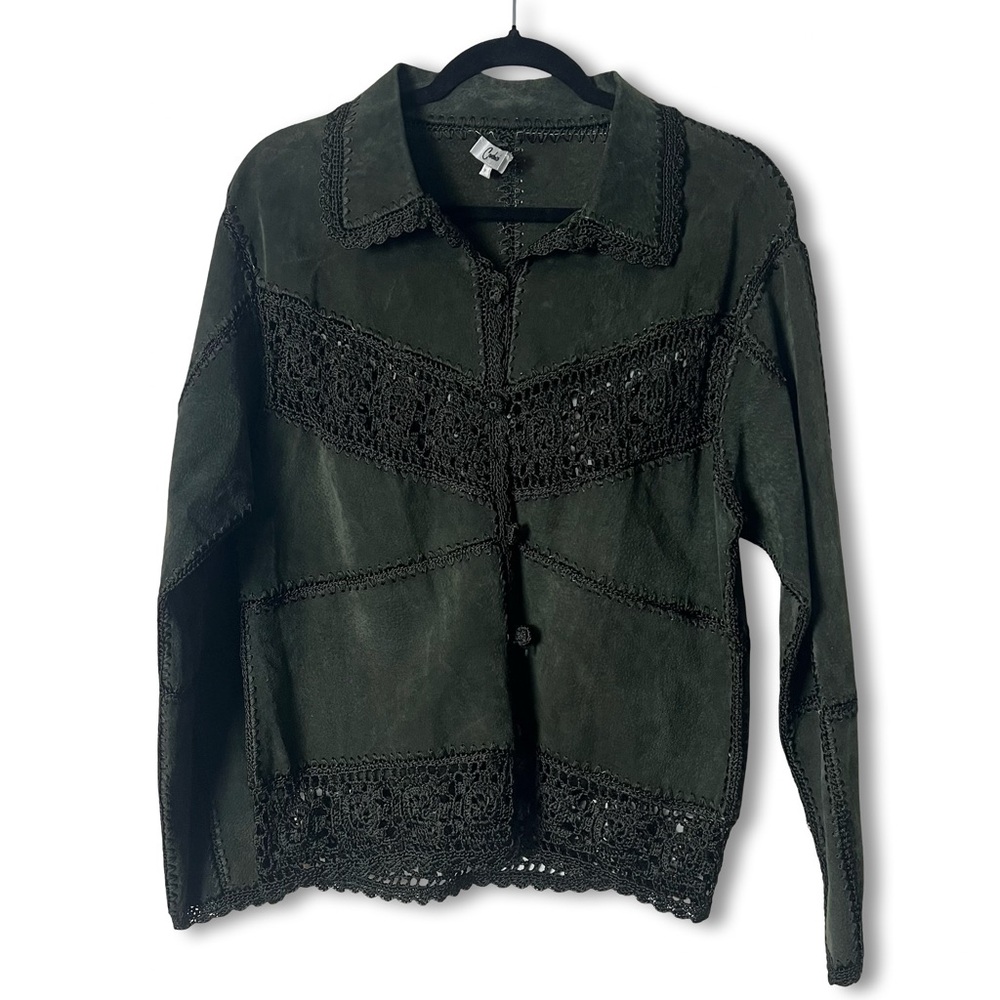 Carducci Women’s VTG Suede Crochet Patchwork Button Jacket Forest Green Sz M
